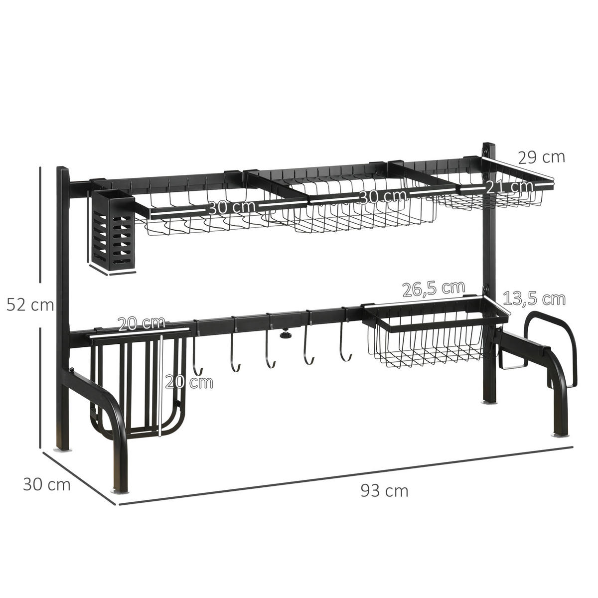 GESCHIRRABTROPFGESTELL, Stahl, Schwarz - Schwarz, Metall (30/52/93cm) - HOMCOM