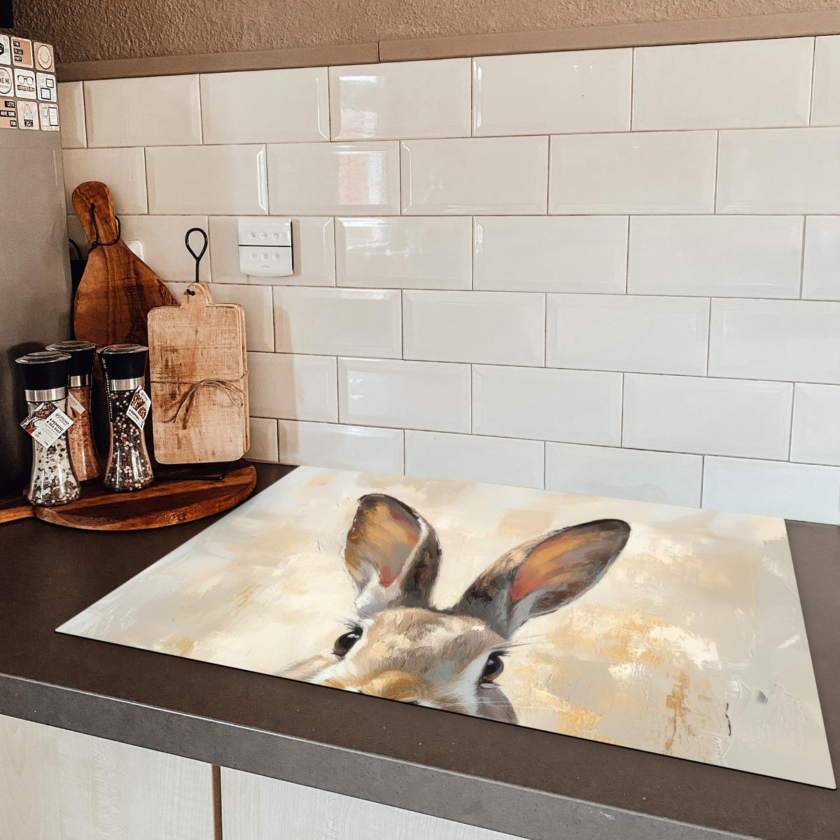 HERDABDECKPLATTE Hase - Ohren - Braun Herdabdeckung Induktionsfeld 75x52 cm - Beige, Kunststoff (75/52/0.2cm) - MuchoWow