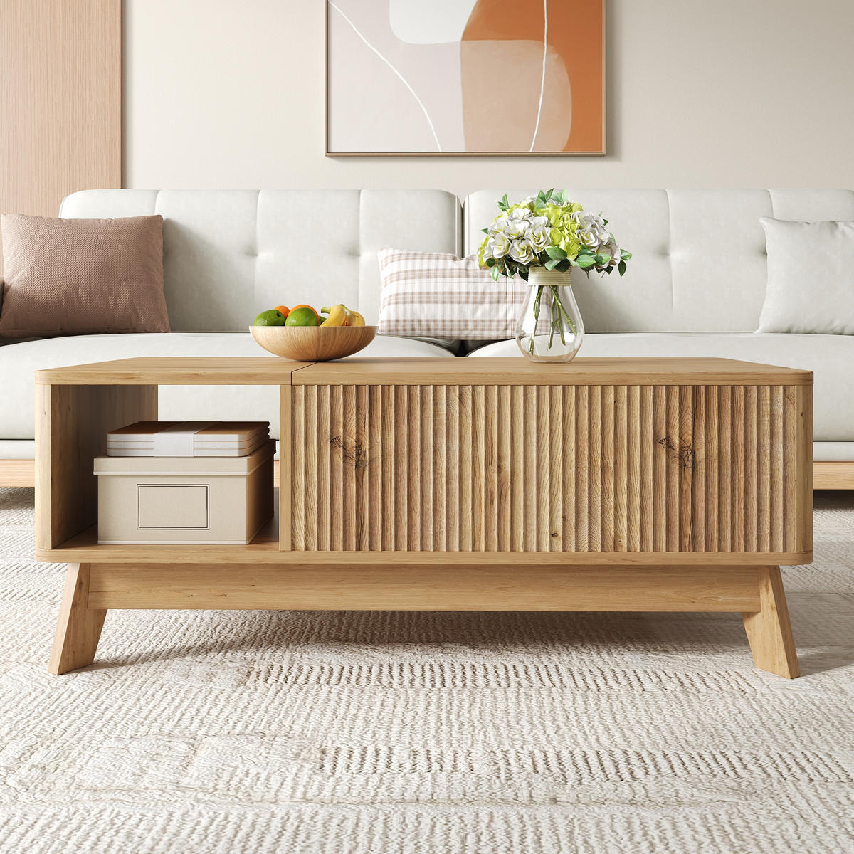 KONFERENČNÍSTOLEK Zvedací Vlnitý MDF Úložný - přírodní, kompozitní dřevo (95/48/50cm) - FLIEKS
