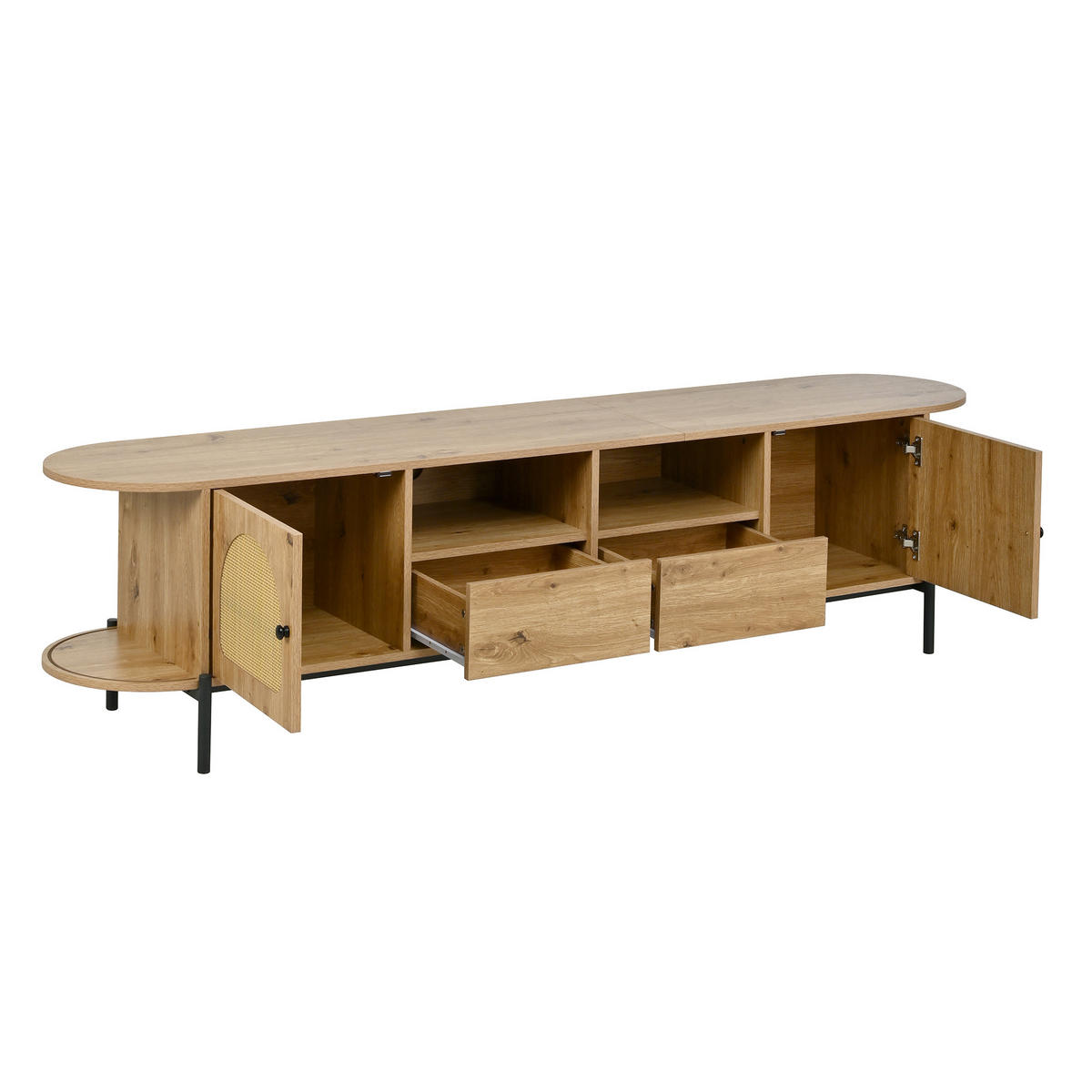 TV-LOWBOARD in Holzoptik mit Rattan, ovale Form und viel Stauraum - Naturfarben, Holzwerkstoff (200/49.5/40cm) - Urban Meuble