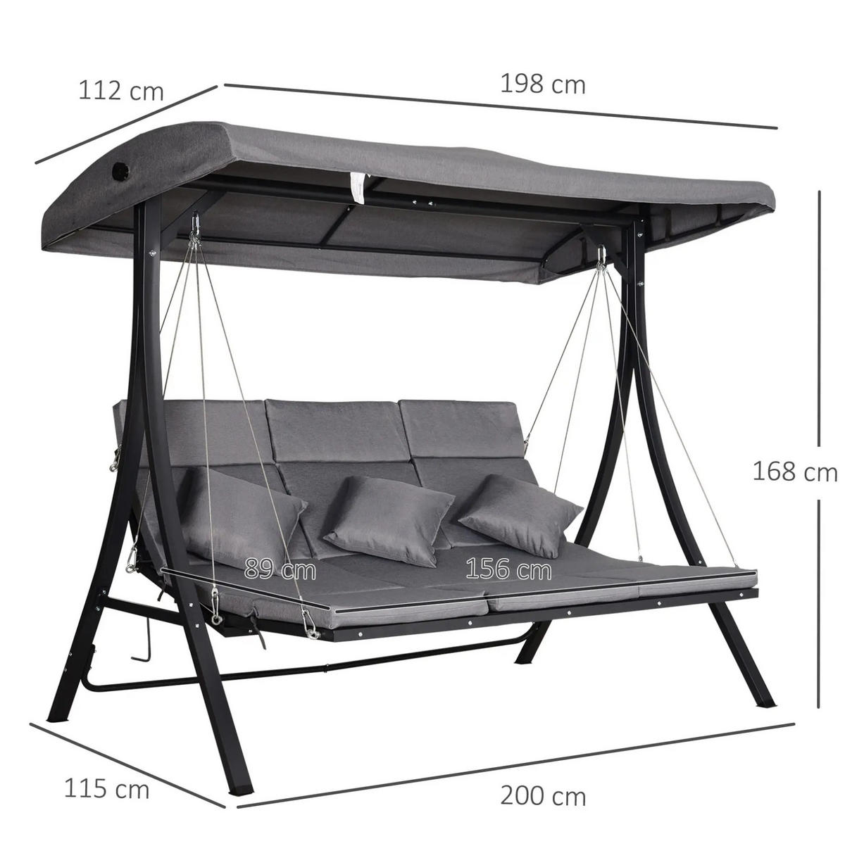 HOLLYWOODSCHAUKEL aus Metall in Grau mit verstellbarem Sonnendach - Grau, Metall (200/168/115cm) - Modfu