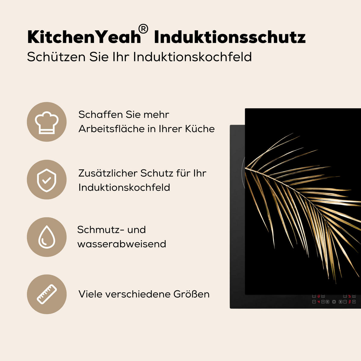 HERDABDECKPLATTE Blätter - Pflanzen - Gold - Schwarz - Luxus Induktionsmatte 77x59 cm - Goldfarben, Kunststoff (77/59/0.2cm) - MuchoWow