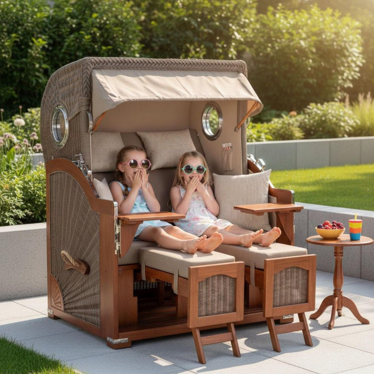 STRANDKORB 2-Sitzer Düne Mahagoni - Taupe/Braun, Holz/Metall (125/170/80cm) - Mr. Deko