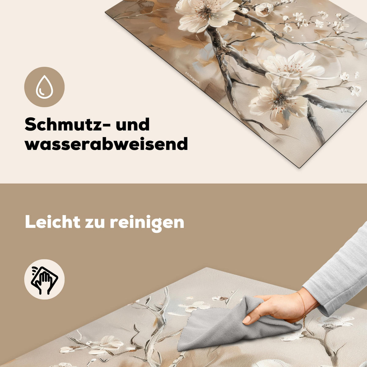 HERDABDECKPLATTE Blumen - Abstrakt - Gemalt - Beige Induktionsmatte 83x51 cm - Beige, Kunststoff (83/51.5/0.2cm) - MuchoWow