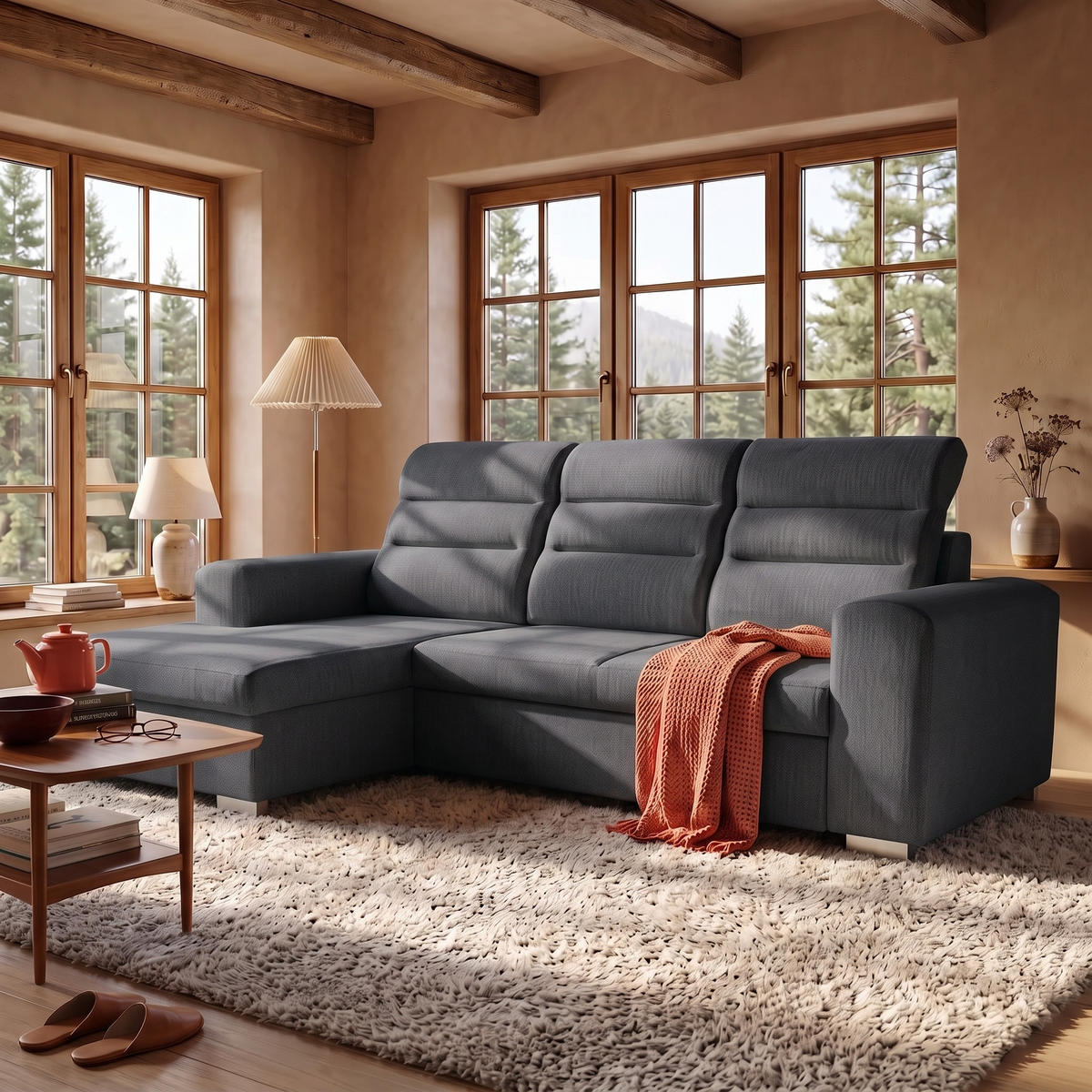 ECKSOFA CLOUD S Links mit Schlaffunktion 120x200 Velours Dunkelgrau - Chromfarben/Dunkelgrau, Holz/Kunststoff (155/260cm) - Muffo