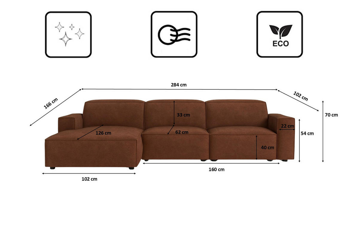 ECKSOFA Cursal L-Form, Stoff Salvador, Dunkelbraun, Links - Dunkelbraun, Holz (284/166cm) - Kaiser Möbel