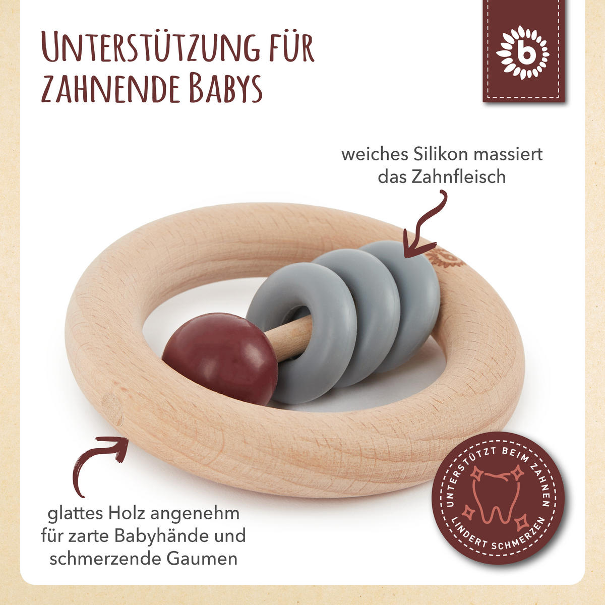 HOLZ Beißring mit Silikonball Rund - ab - Multicolor, Holz (8/8cm) - Bieco Spielwaren