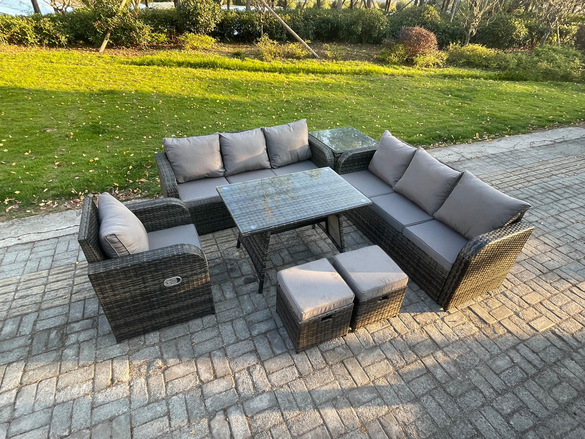 GARTENSET Hohe Rückenlehne Polyrattan 9-Sitzer - Dunkelgrau/Grau, Glas/Kunststoff - Fimous