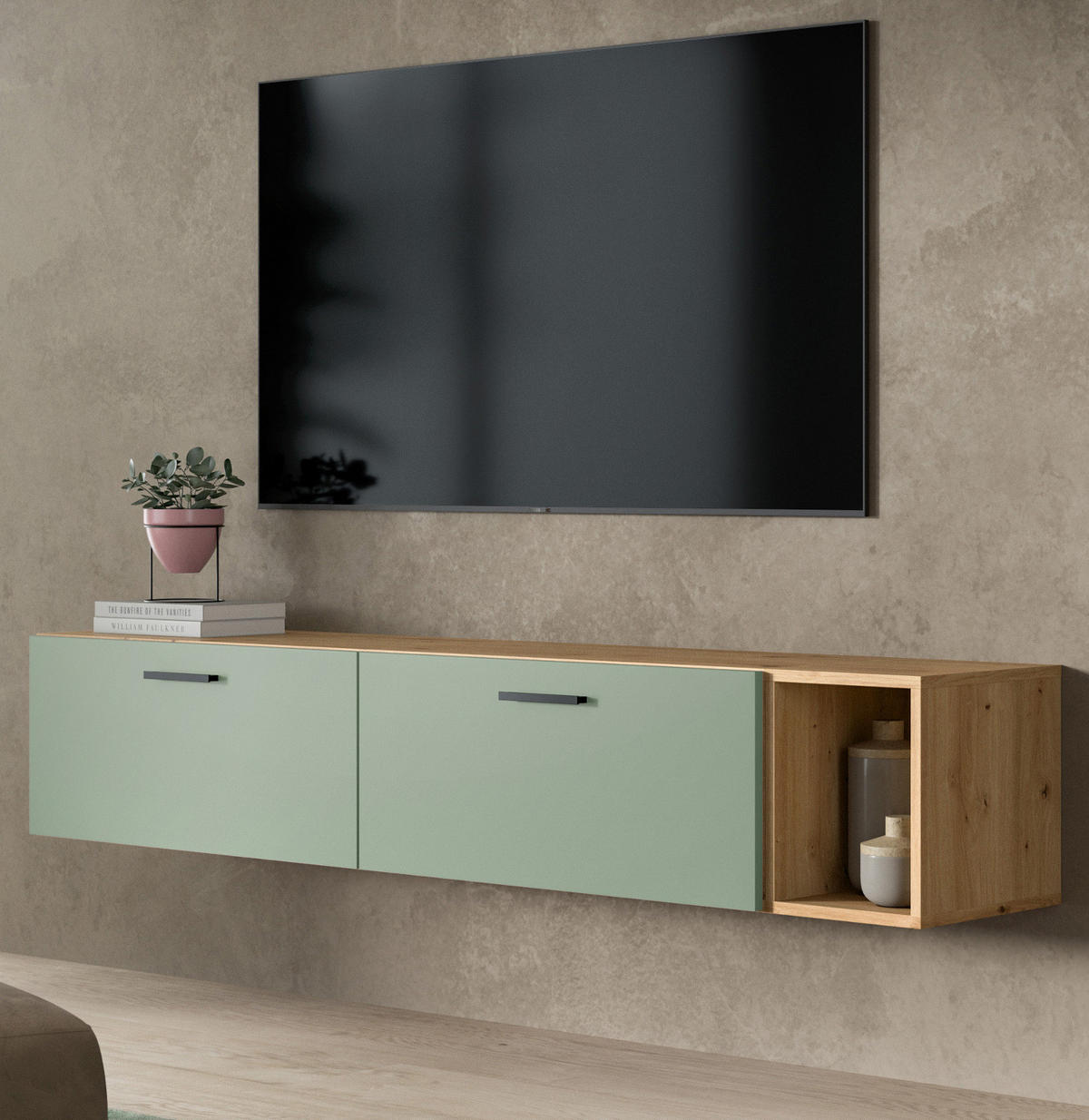 TV-LOWBOARD Grün, Eiche Artisan 176 cm, TV Unterteil hängend / stehend - Schwarz/Eiche Artisan, Holzwerkstoff/Kunststoff (176/32/34cm) - Inn.Furn