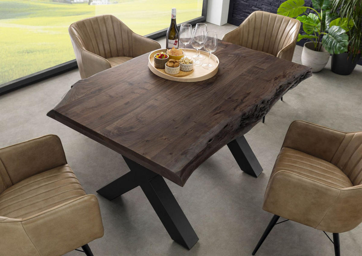 BAUMTISCH Akazie 140x90x77 grau lackiert / X-Beine anthrazit matt FREEFORM 5 - Anthrazit/Grau, Holz (140/90/77cm) - Massivmoebel24