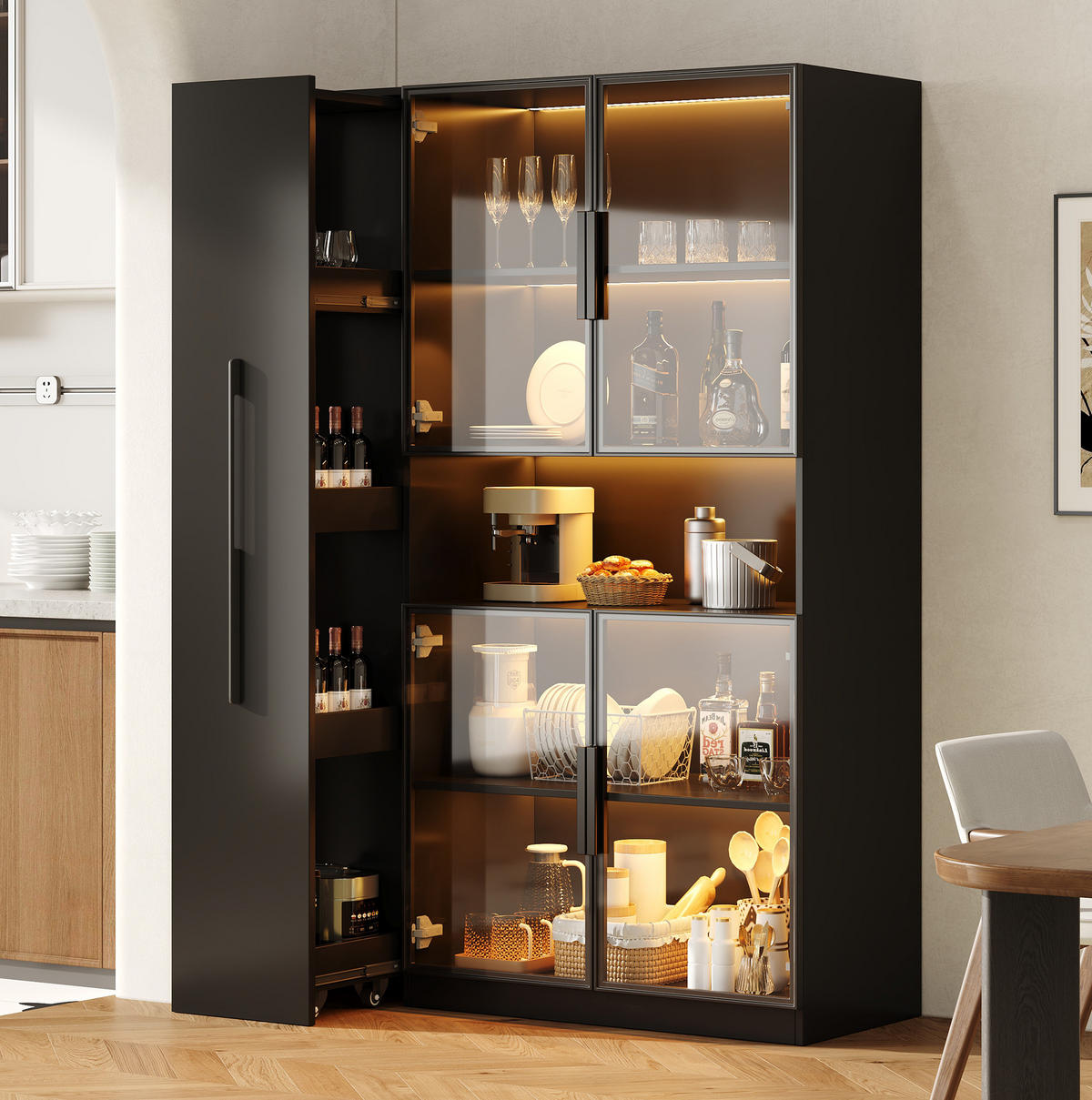 HIGHBOARD 110/35/160 cm mit LED-Beleuchtung und Glaseinsatz in Schwarz - Schwarz, Holzwerkstoff (110/160/35cm) - BEAOK