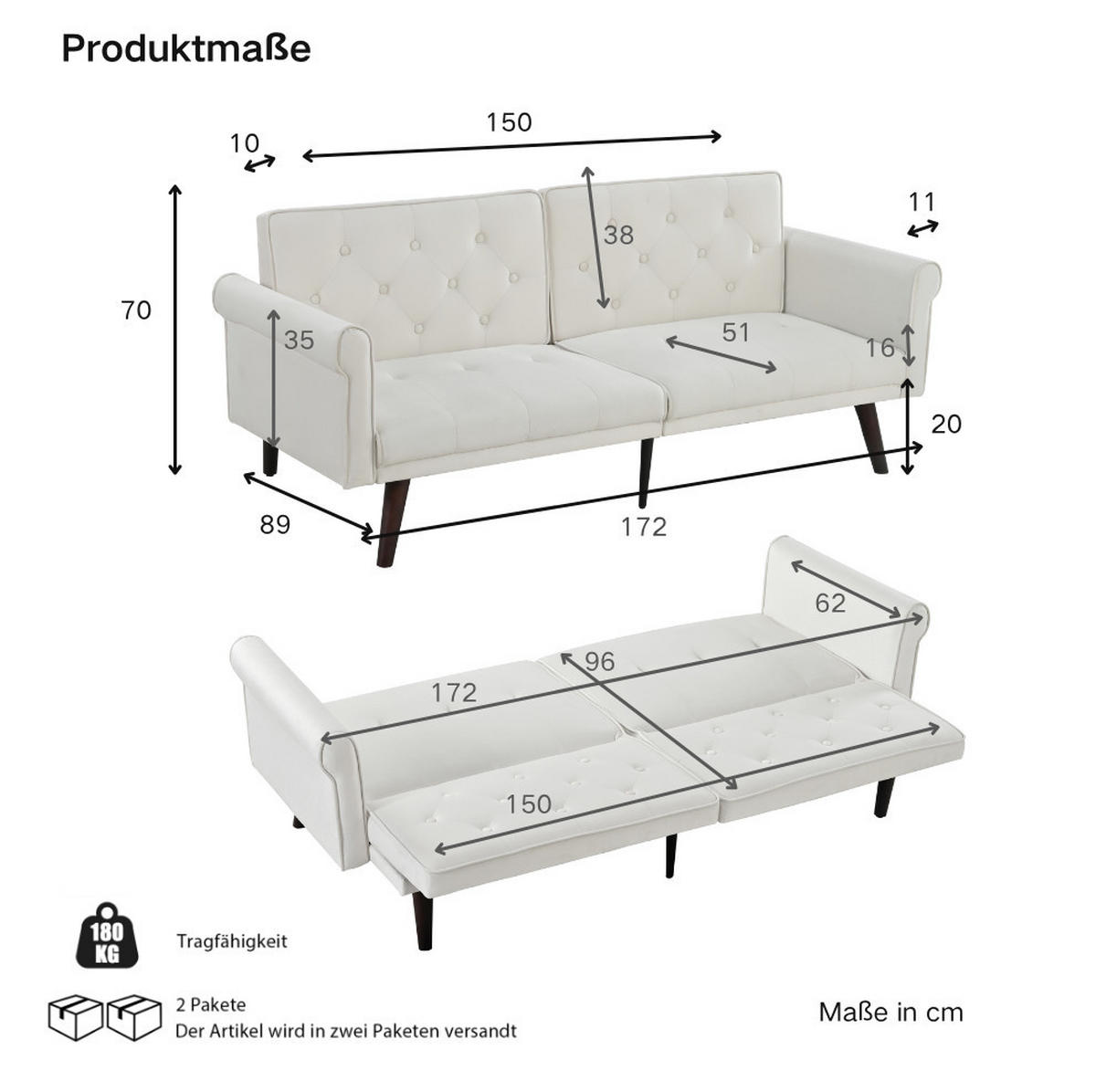 SCHLAFSOFA aus Leinen in Beige mit verstellbarer Rückenlehne - Beige, Textil (164/70/89cm) - Modfu