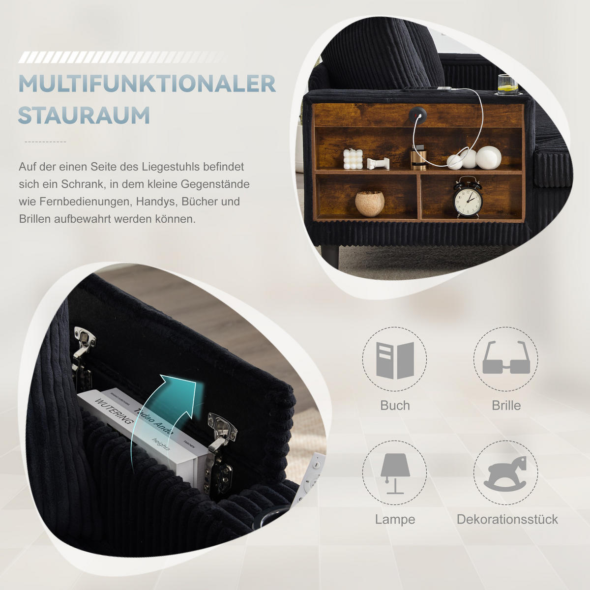 CHAISELONGUE Cord Schwarz mit LED, Stauraum, USB, Becherhaltern und Kissen - Schwarz, Kunststoff/Textil (129/70/170cm) - WISHDOR