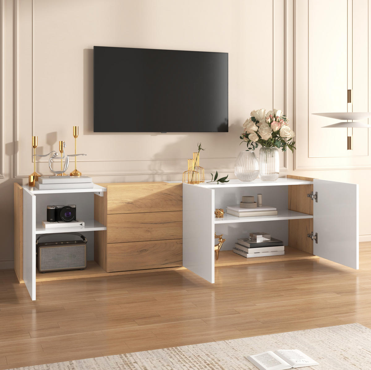 TV-SCHRANK 171,5/35/47 cm weiß Holz MDF mit 3 Türen und 3 Schubladen - Weiß, Holzwerkstoff (171.5/47/35cm) - OKWISH