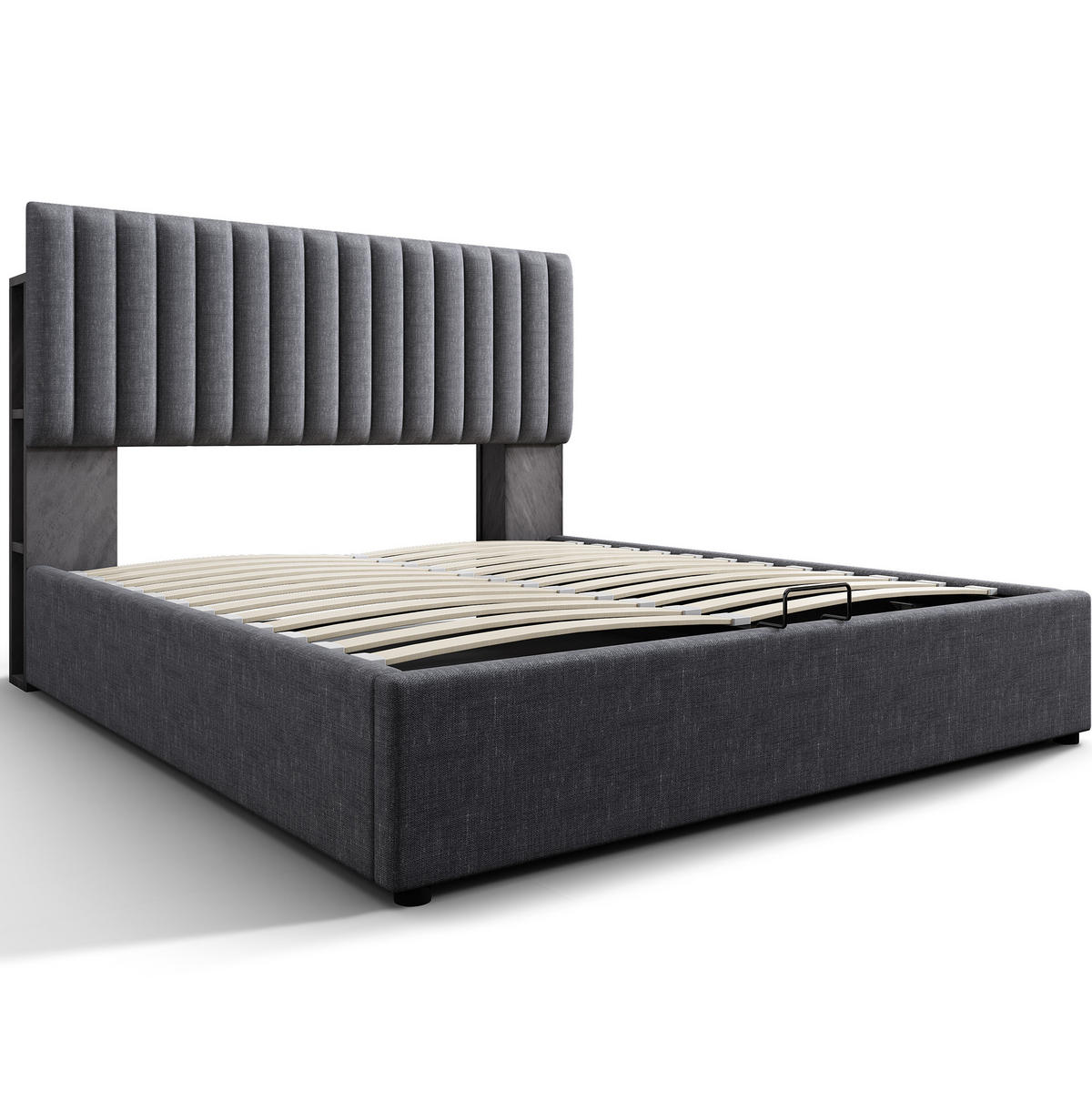 POLSTERBETT aus Leinen 160x200 cm in Grau mit Matratze, LED & USB-C - Grau, Textil (160/200cm) - Modfu