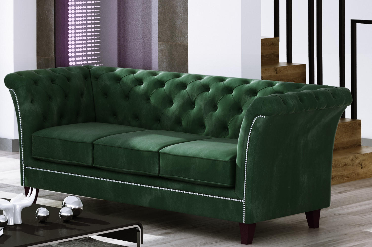 CHESTERFIELD-SOFA 3-Sitzer Fusion Grün Samt - Smaragdgrün/Braun, Holz/Textil (237/75/82cm) - S-Style Möbel