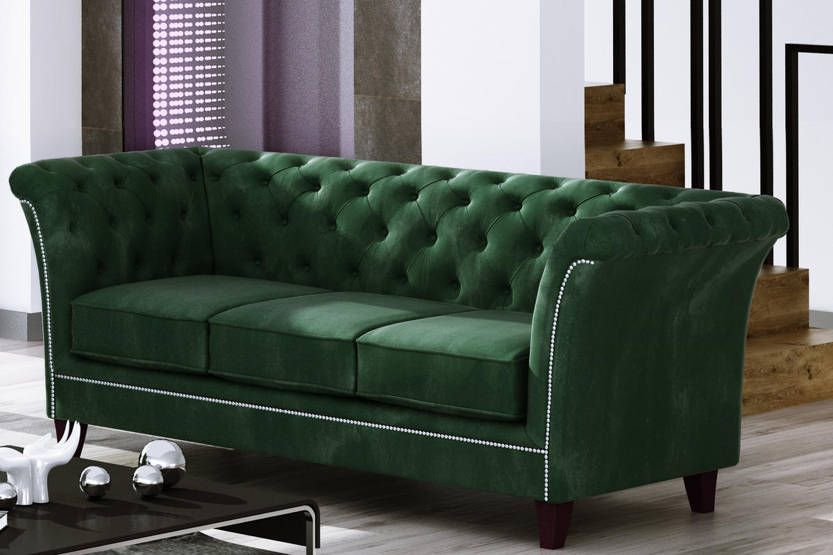 CHESTERFIELD-SOFA 3-Sitzer Fusion Grün Samt - Smaragdgrün/Braun, Holz/Textil (237/75/82cm) - S-Style Möbel