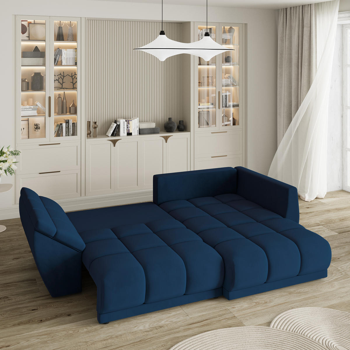 ECKSOFA ORENTI R-S Blau Velours-Stoff mit Schlaffunktion - Blau, Holz (287/182cm) - MASSENO