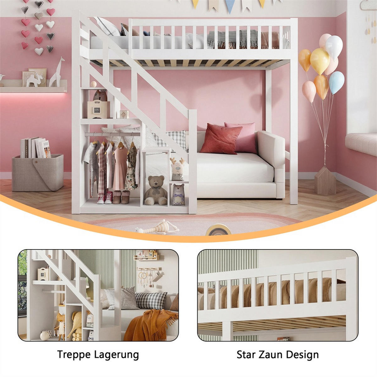 HOCHBETT 90x200 cm - Multifunktionales Kinderbett mit Treppenregal und hohem Rausfallschutz - ohne Matratze - Weiß - Weiß, Holz (90/200cm) - DELFA