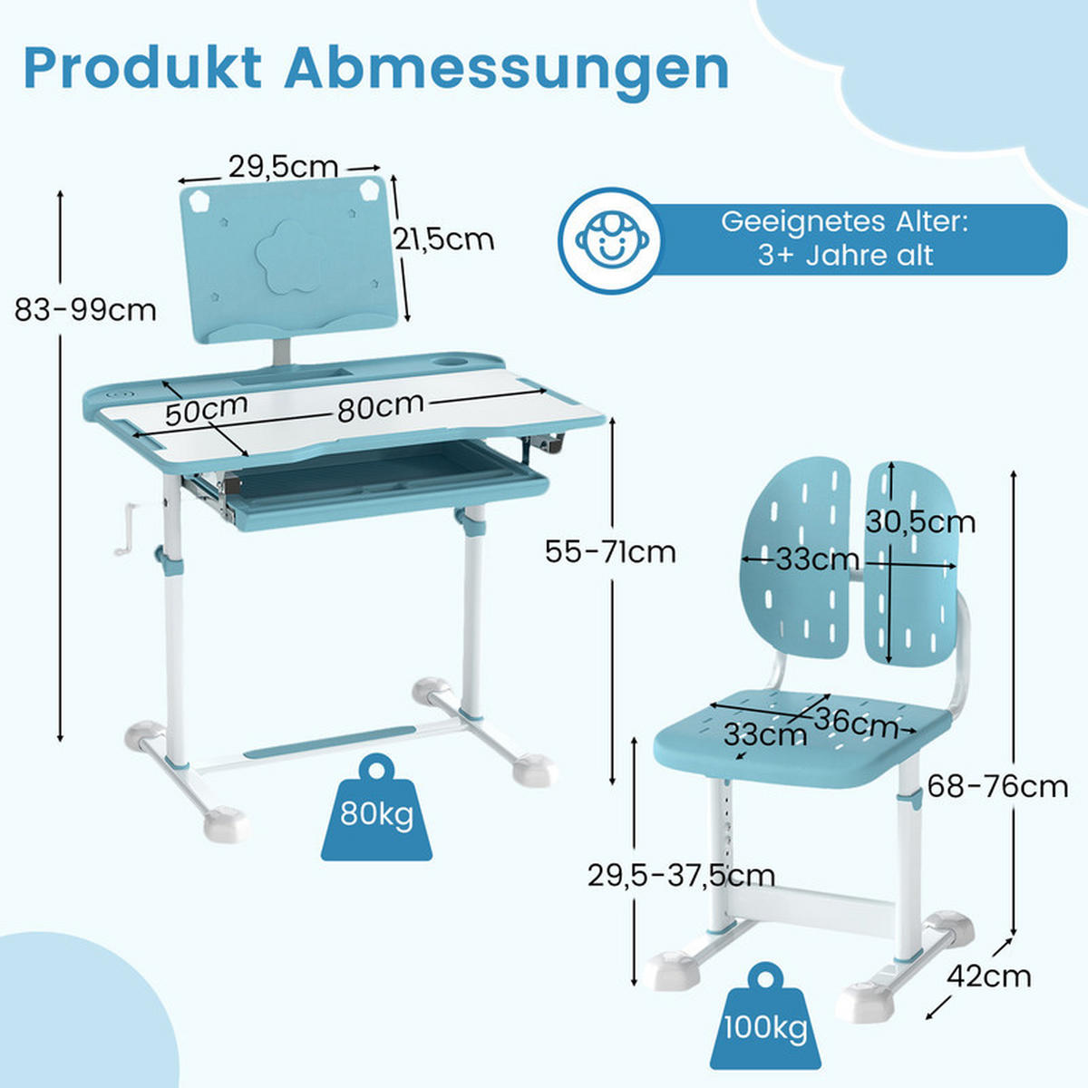 KINDERSCHREIBTISCH mit Stuhl blau(2-tlg) - Blau, Metall (80/83/50cm) - COSTWAY