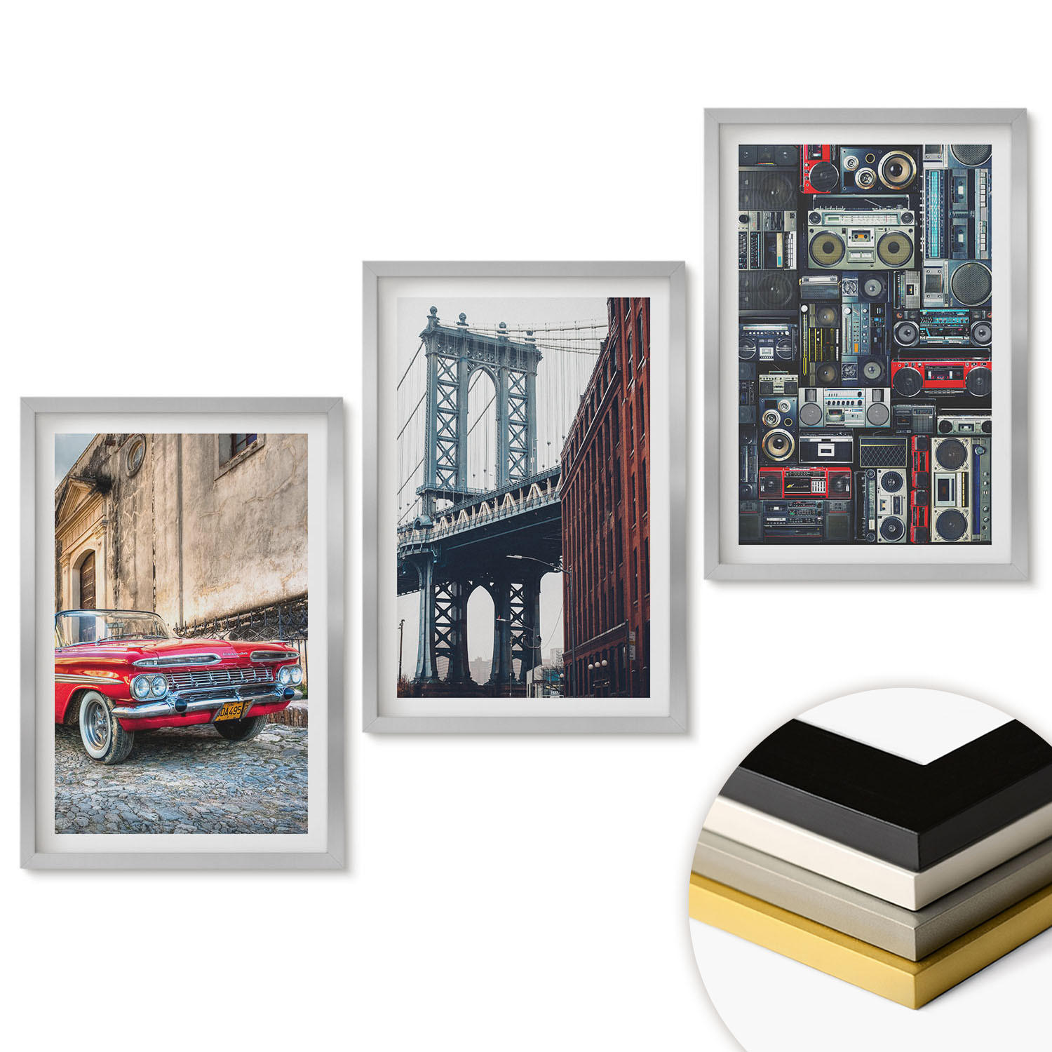 WANDBILDER 3er Set - 40x60 cm Silberner Rahmen - Alte Autobrücke Brooklyn Retro-Audio - Silberfarben, Kunststoff (40/60cm) - ArtPrintCave