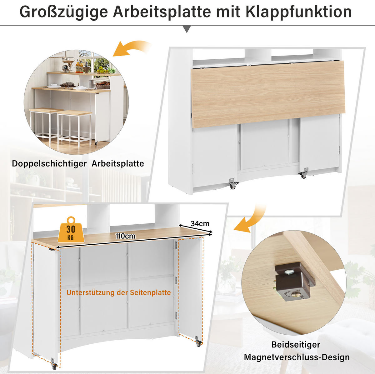 KÜCHENINSEL mit Klappplatte und 2 Hockern Weiß - Weiß, Holz (34/97.5/110cm) - Beauniv