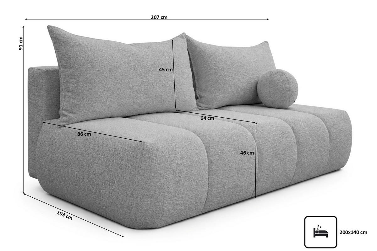 SOFA Mit Schlaffunktion Und Bettkasten, Veloursstoff Monolith, Hellgrau, PIANO - Hellgrau, Holz (207/91/103cm) - Kaiser Möbel