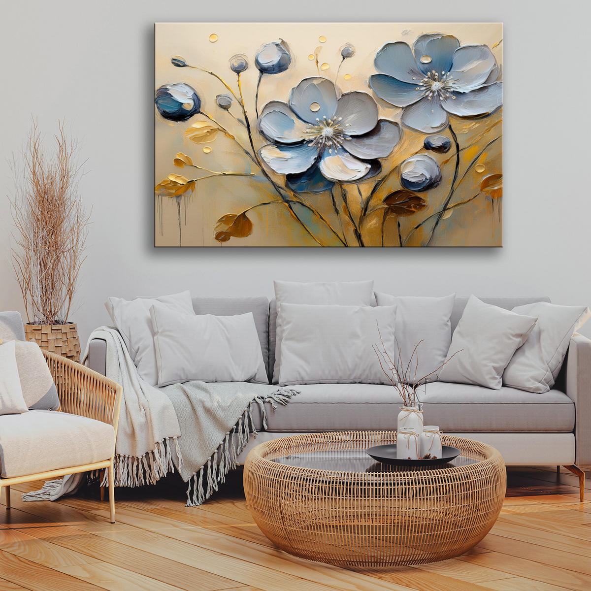 WANDBILD blumen blätter grau gemalte - Blau, Textil (60/40cm) - Feeby