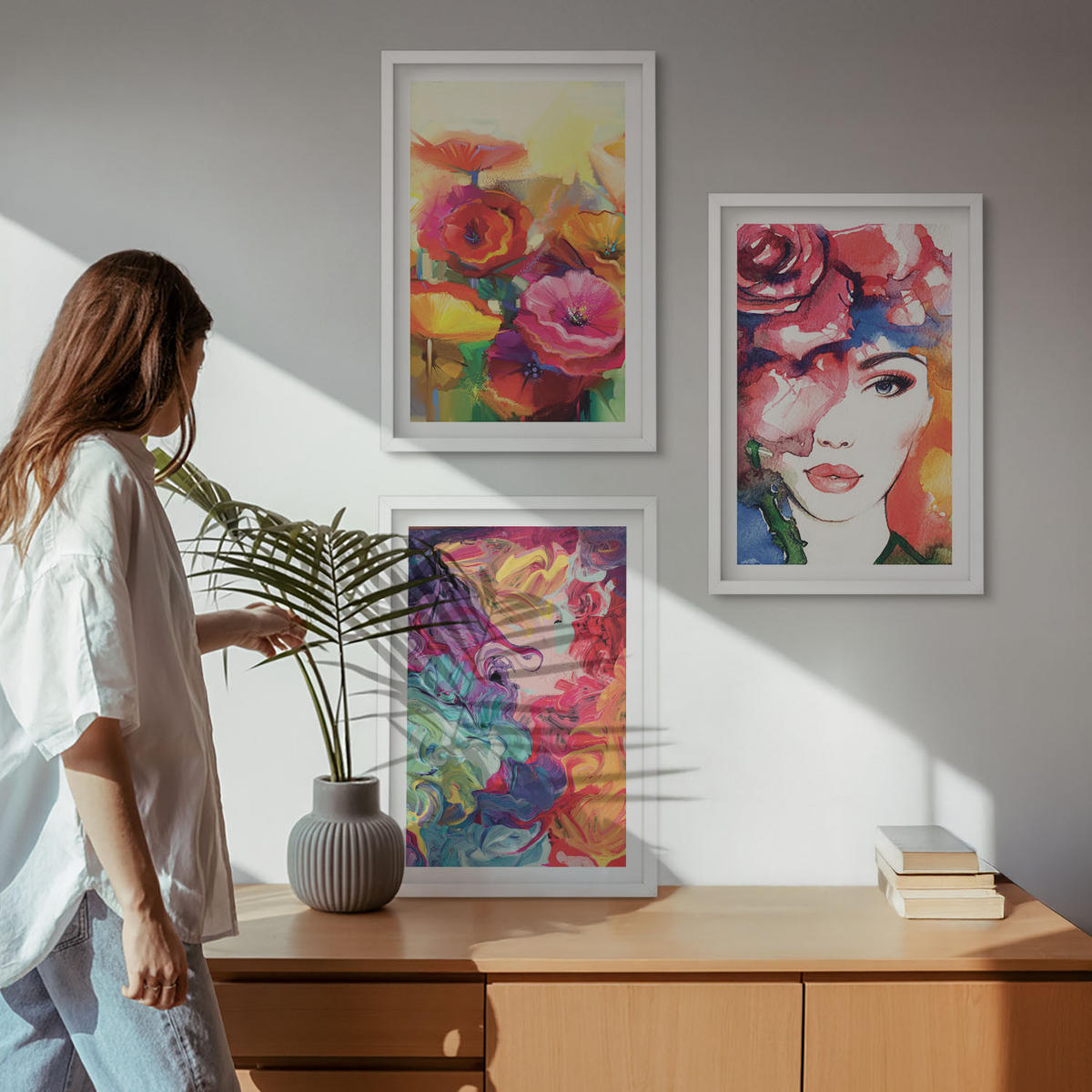 BILDER SET 3er Set - 40x60 cm Weißer Rahmen - Intensives Blumenporträt einer Frau - Weiß, Kunststoff (40/60cm) - TULUP