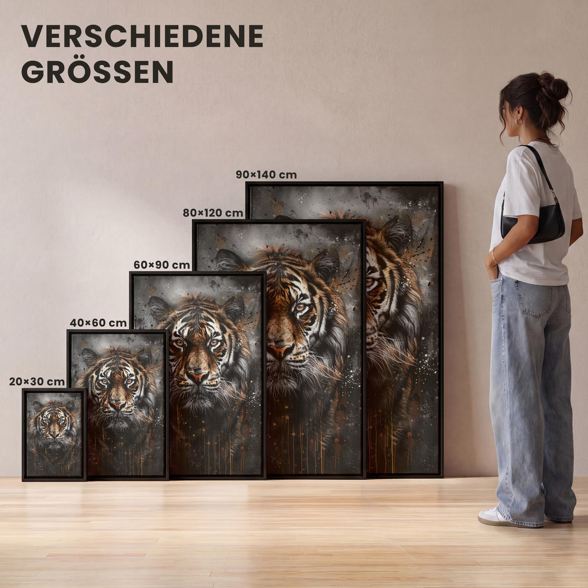 LEINWAND Bilder mit Rahmen - Tiger - Tiere - Porträt - Luxus - Schwarz - 100x150 - Braun, Textil (100/150cm) - MuchoWow