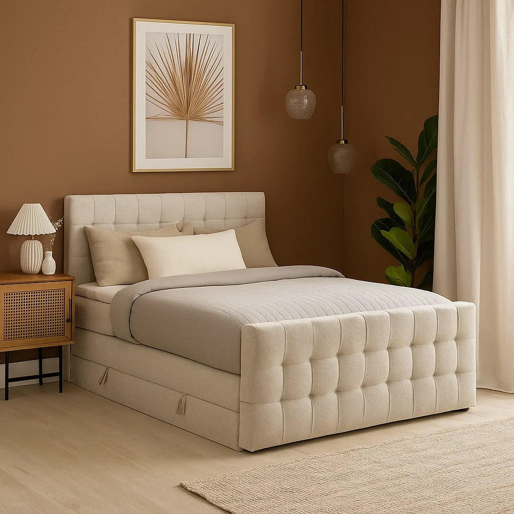 BOXBETT Royal mit Bonnelmatratze und Topper, 140x200, Beige - Beige, Holzwerkstoff/Kunststoff (140/200cm) - AN-Moebel 4u