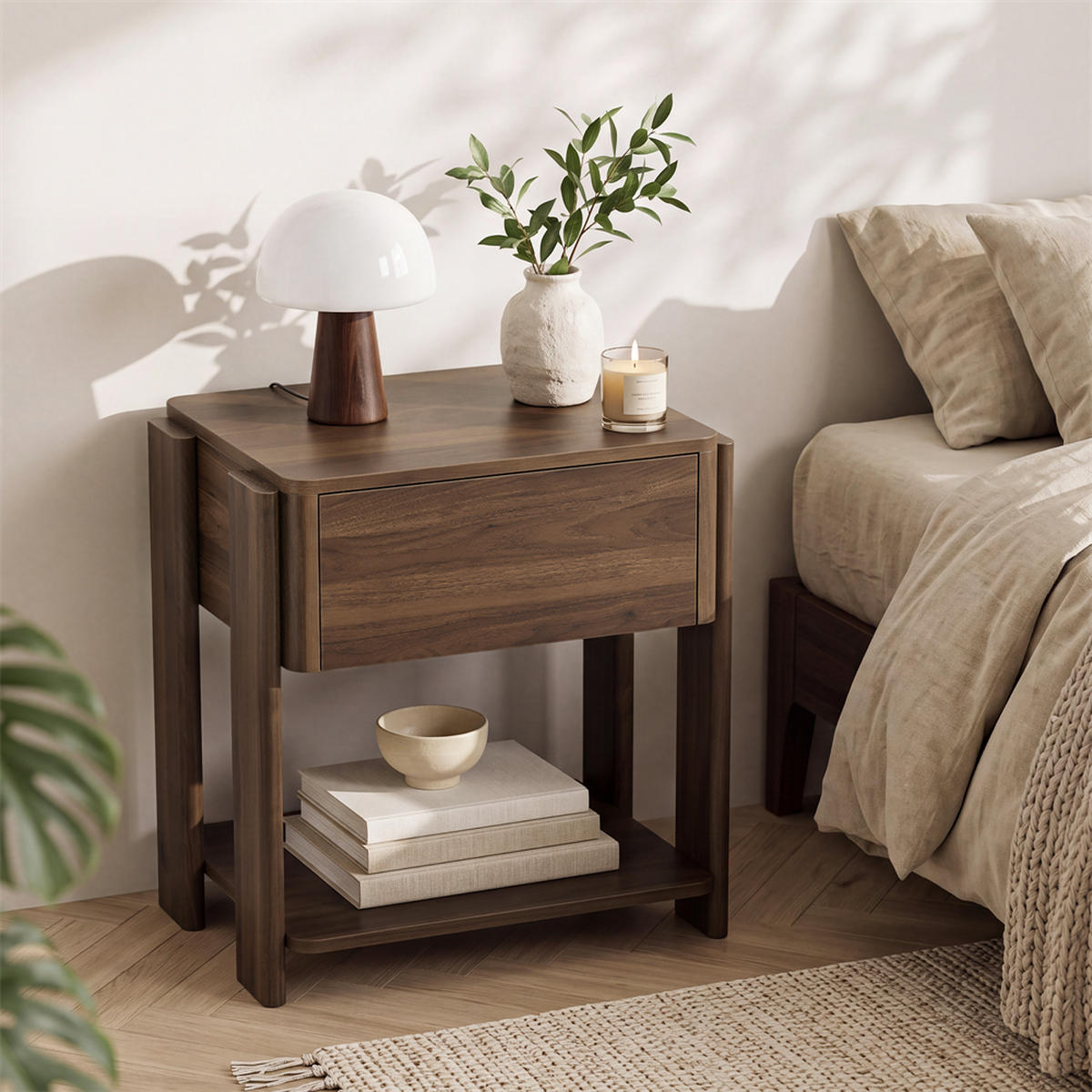 NACHTTISCH 48x39x56 cm mit 1 Schublade und Unterer Ablage - Abgerundetes Design - Robuste Holzbeine - Walnuss - Walnussfarben, Holzwerkstoff (39/56/48cm) - DELFA