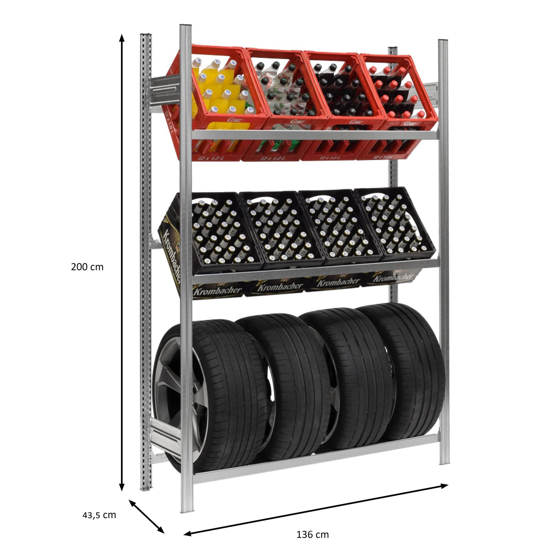 GETRÄNKEKISTEN- & REIFENREGAL Chiemsee TIRE 200x136x43,5cm 6 Kisten auf 2 Ebenen + 4 Reifen Verzinkt - Silberfarben, Metall (136/200/43.5cm) - PROREGAL