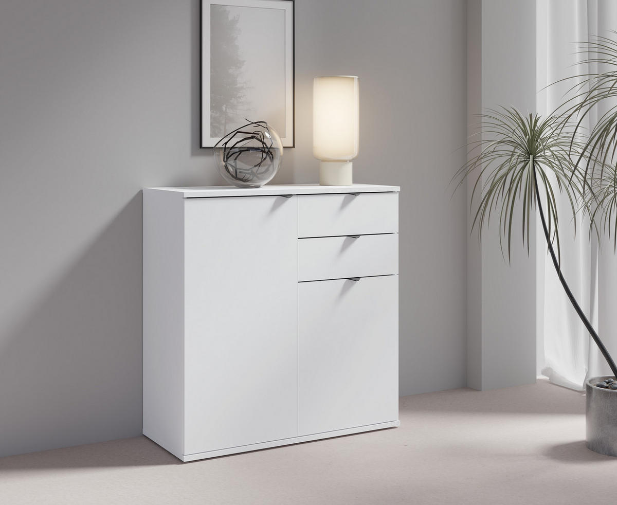 KOMMODE METRIX 80/82,5/35cm mit 2 Schubladen 2 Türen Weiß - Weiß, Holzwerkstoff (80/82.5/35cm) - MASSENO