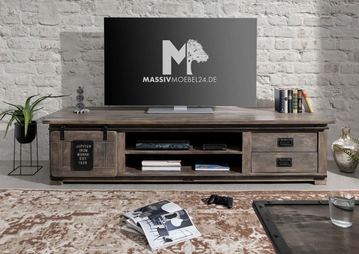 TV-BOARD Mango 200x55x50 grau lackiert RAILWAY #236 - Grau, Holz (200/50/55cm) - Massivmoebel24
