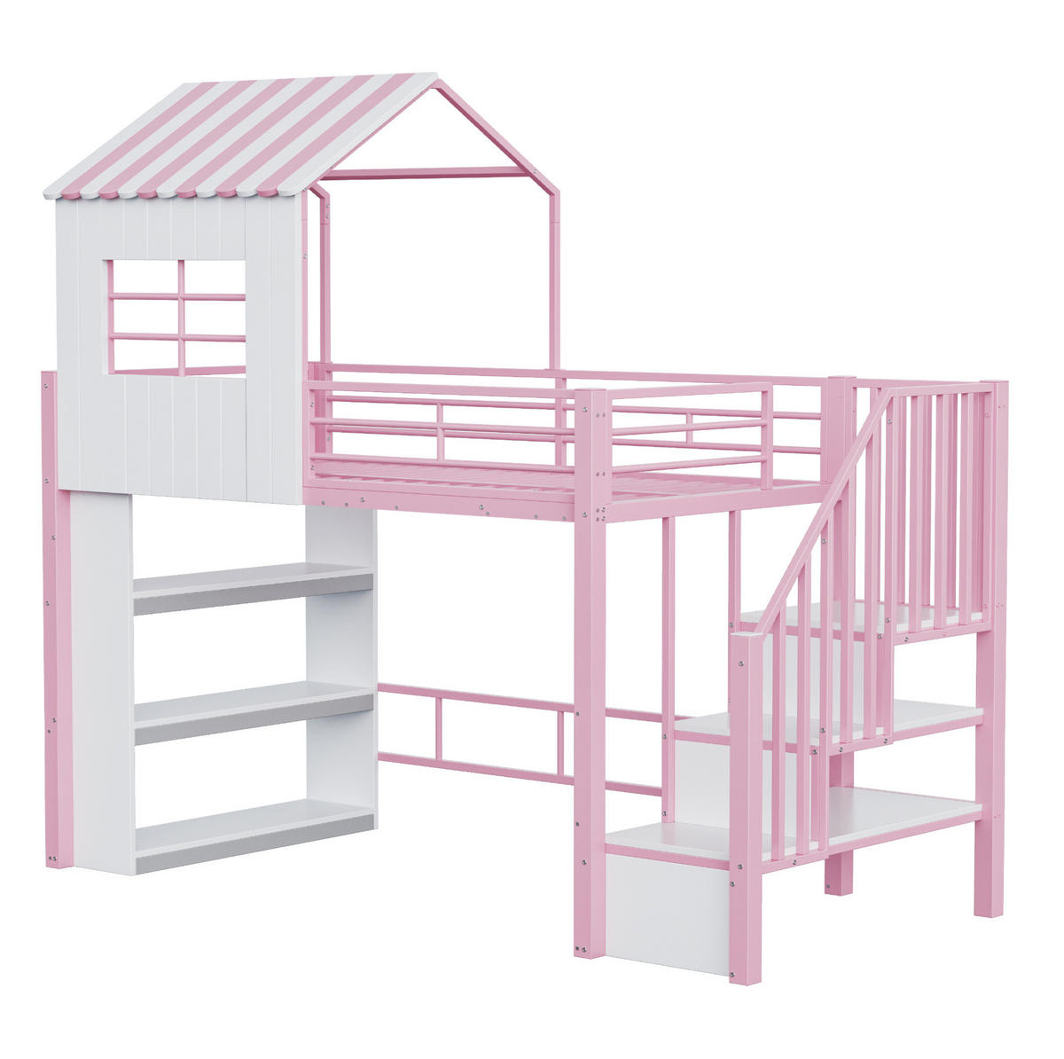 HOCHBETT aus MDF und Metall 90x200 cm Rosa mit Stauraumtreppe, Regal und viel Platz unter dem Bett - Pink, Holzwerkstoff (90/200cm) - Modfu