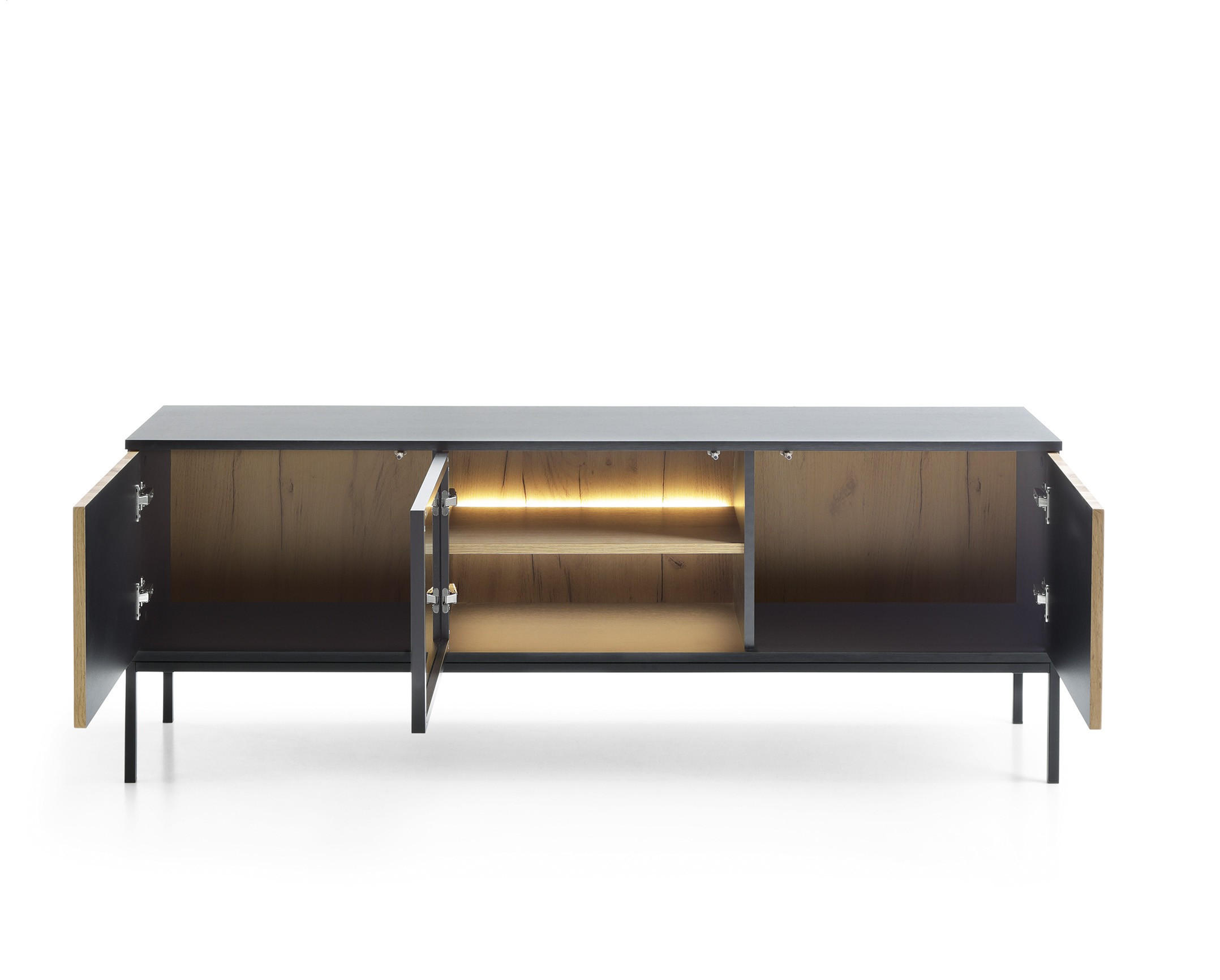 TV-SCHRANK Sentino Schwarz, Dreitürig mit LED - Eiche Wotan/Schwarz, Holzwerkstoff/Metall (154/56/39cm) - Bettso