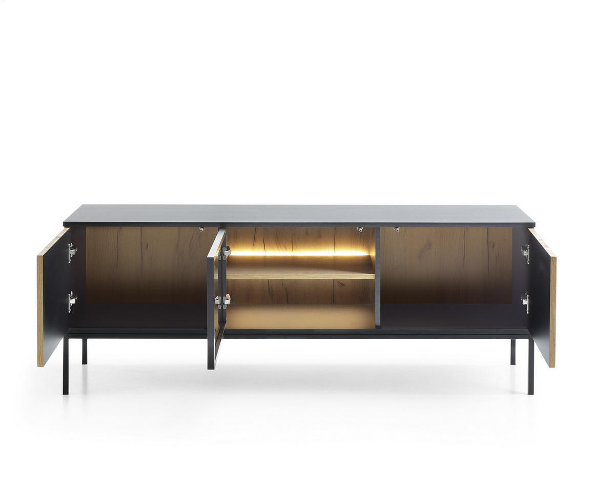 TV-SCHRANK Sentino Schwarz, Dreitürig mit LED - Eiche Wotan/Schwarz, Holzwerkstoff/Metall (154/56/39cm) - Bettso