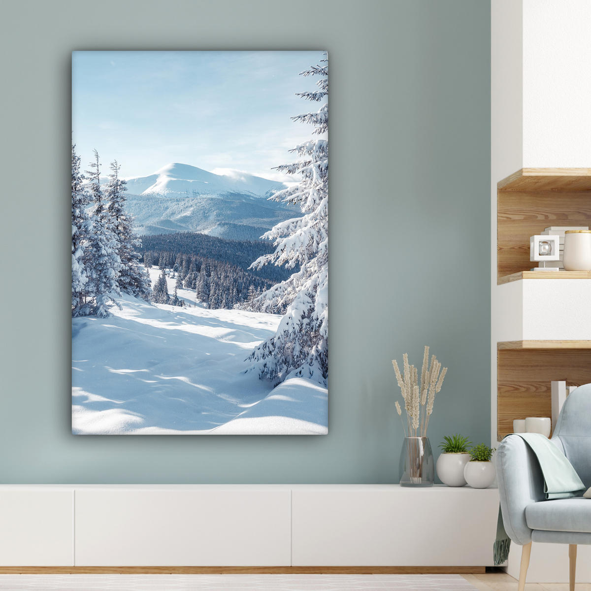 LEINWANDBILD Winterlandschaft - Natur - Berge - Bäume - Schnee 90x140 cm - Hellblau, Textil (90/140cm) - MuchoWow