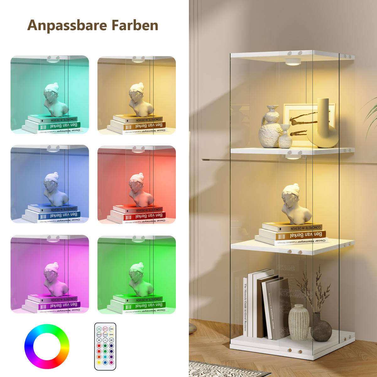 DREHVITRINE 360° mit RGB LED, 3 Ebenen, Glasvitrine weiß für Deko - Weiß, Glas (38/121/38cm) - SHOPENTRA