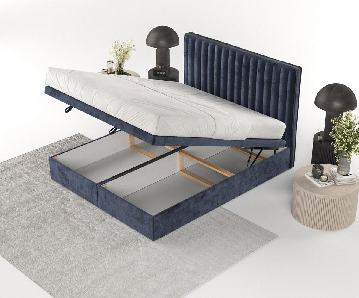 POLSTERBETT Keva mit Stauraum 120/200 cm Marineblau im Lotta Stoff - Schwarz/Dunkelblau, Holz/Holzwerkstoff (120/200cm) - AltaBeds