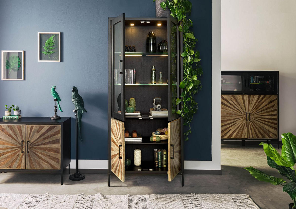 VITRINE Sheesham 90x45x200 schwarz lackiert SUN #102 - Schwarz, Holz (90/200/45cm) - Massivmoebel24