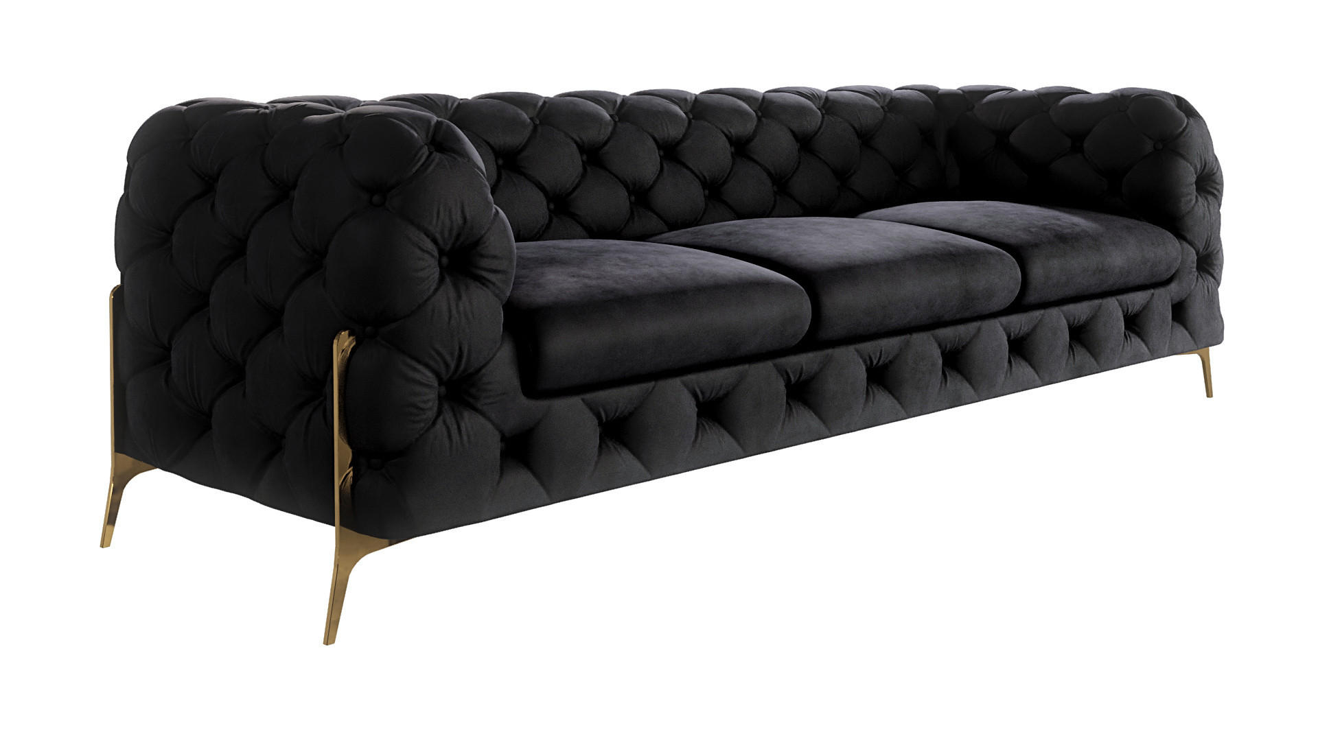 S-Style CHESTERFIELD TŘÍMÍSTNÁ POHOVKA Lexi z černého sametu se zlatými nohami