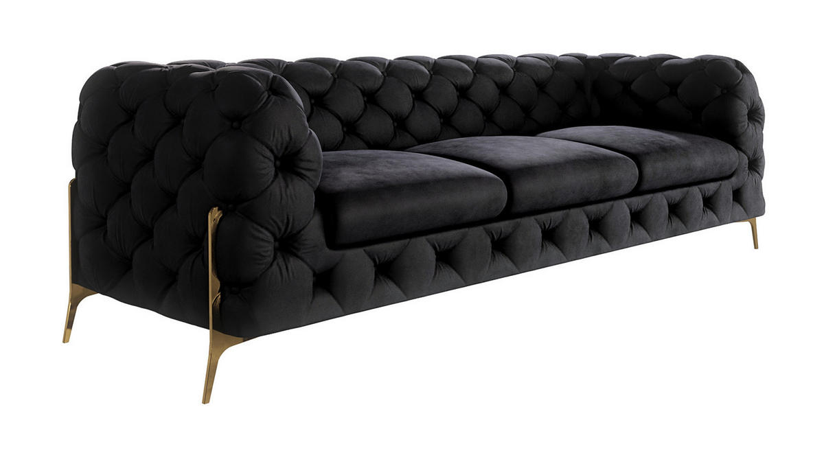CHESTERFIELD-SOFA 3-Sitzer Lexi Schwarz Samt - Goldfarben/Schwarz, Holz/Textil (243/75/100cm) - S-Style Möbel