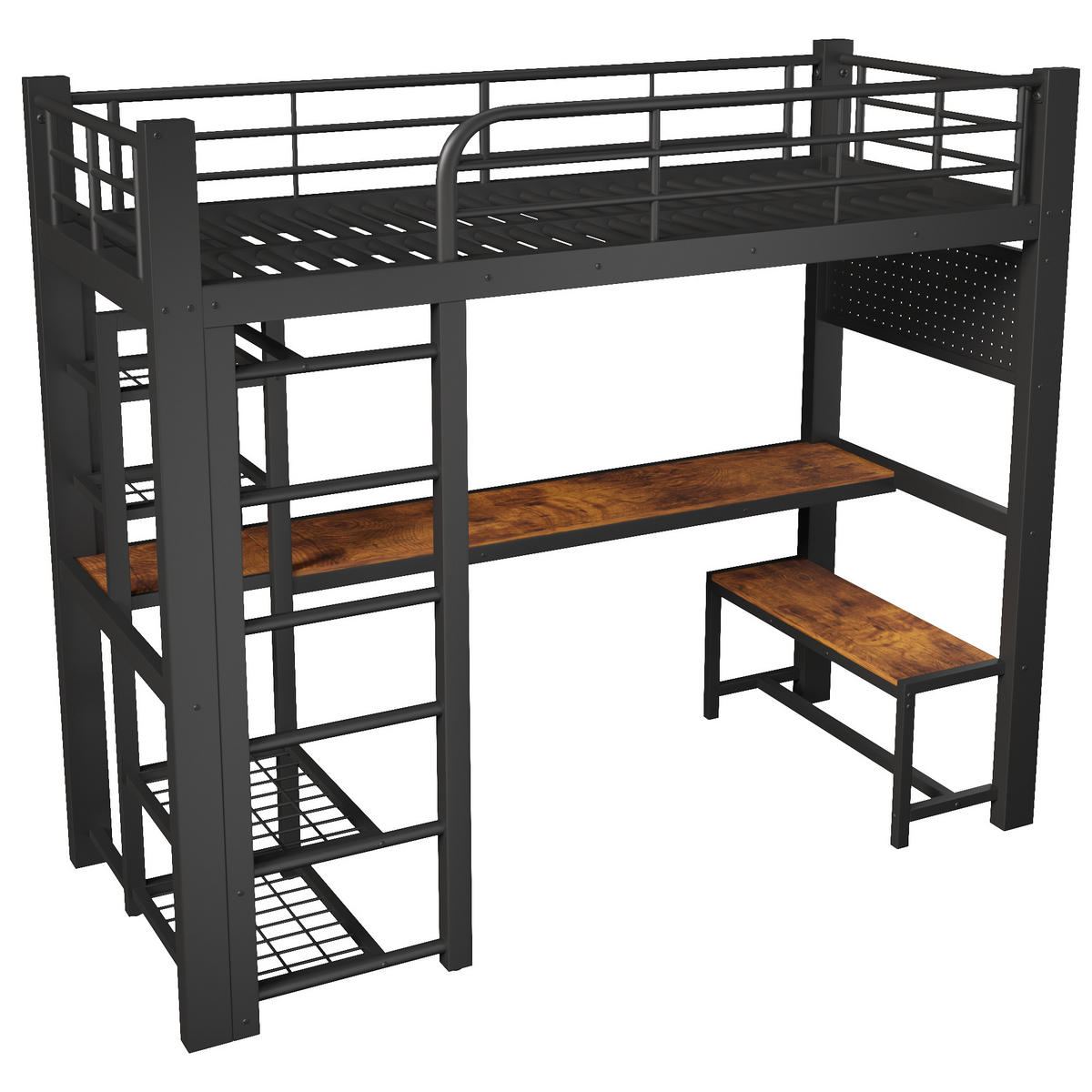 HOCHBETT 90/200 cm in Schwarz aus Metall mit LED, Ablagen, Schreibtisch und Kleiderstange - Schwarz, Holzwerkstoff/Metall (90/200cm) - WISHDOR