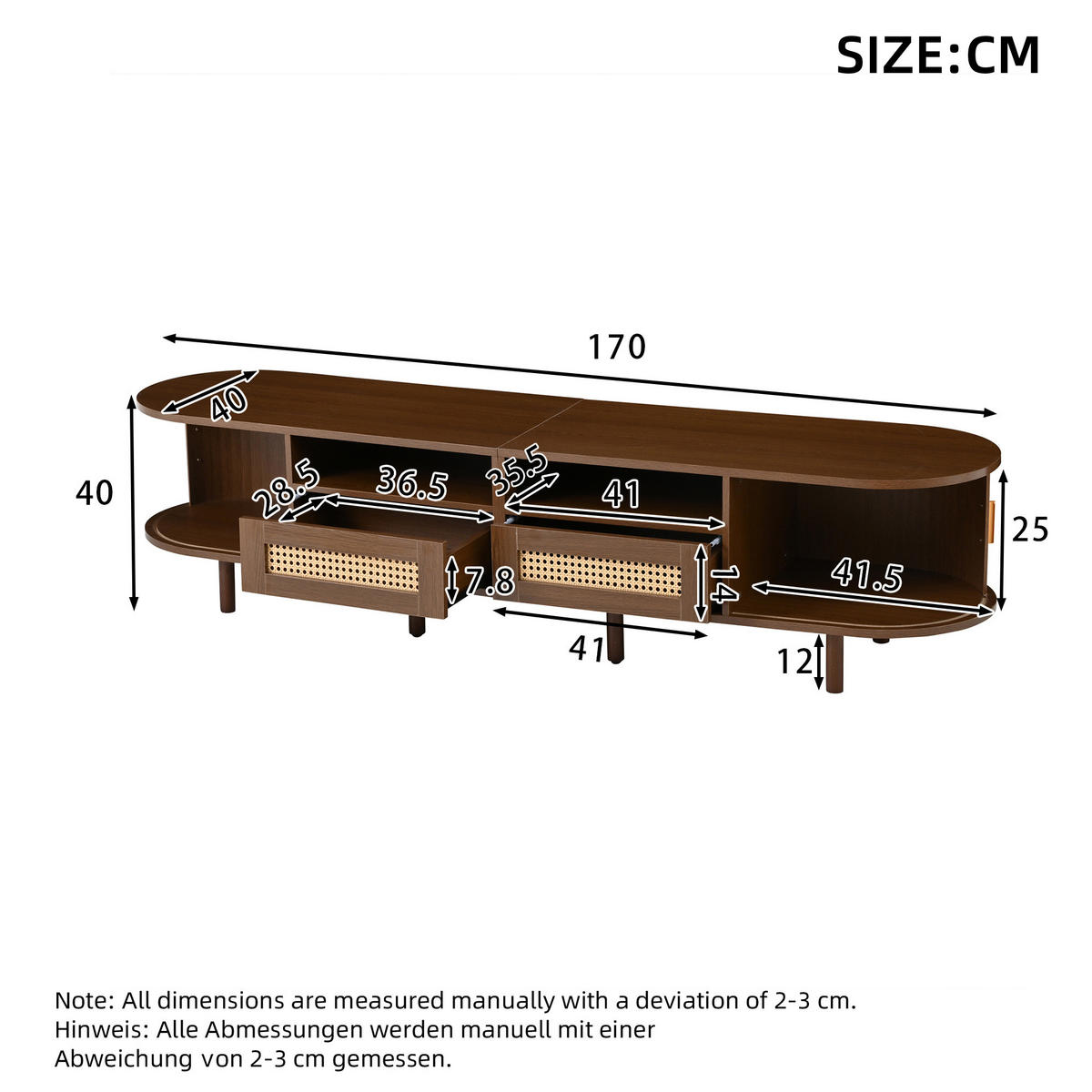 TV-LOWBOARD 170/40/40 cm mit 2 Schubladen, 2 Schiebetüren und Rattan-Optik aus MDF/Metall/Massivholz, Dunkle Eiche - Braun, Holzwerkstoff (170/40/40cm) - Redom