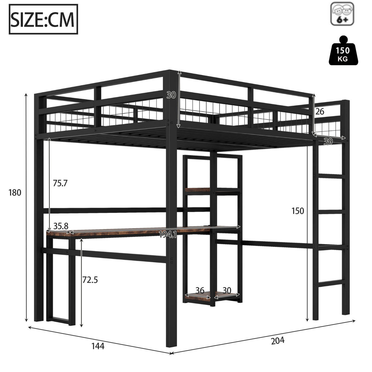 HOCHBETT aus Metall und MDF 140x200 cm Schwarz mit Schreibtisch, Regalen und USB-Type-C-Anschluss - Schwarz, Metall (140/190cm) - IVMEU