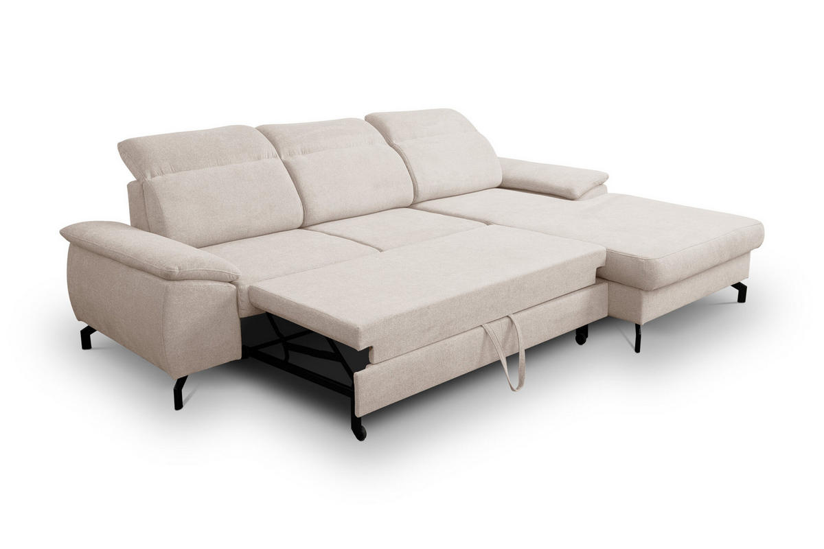ECKSOFA MALIBU mit Schlaffunktion und Bettkasten, Farbe: Beige, Velourstoff, Ottomane Rechts - Beige, Textil (276/184cm) - VENASI MÖBEL