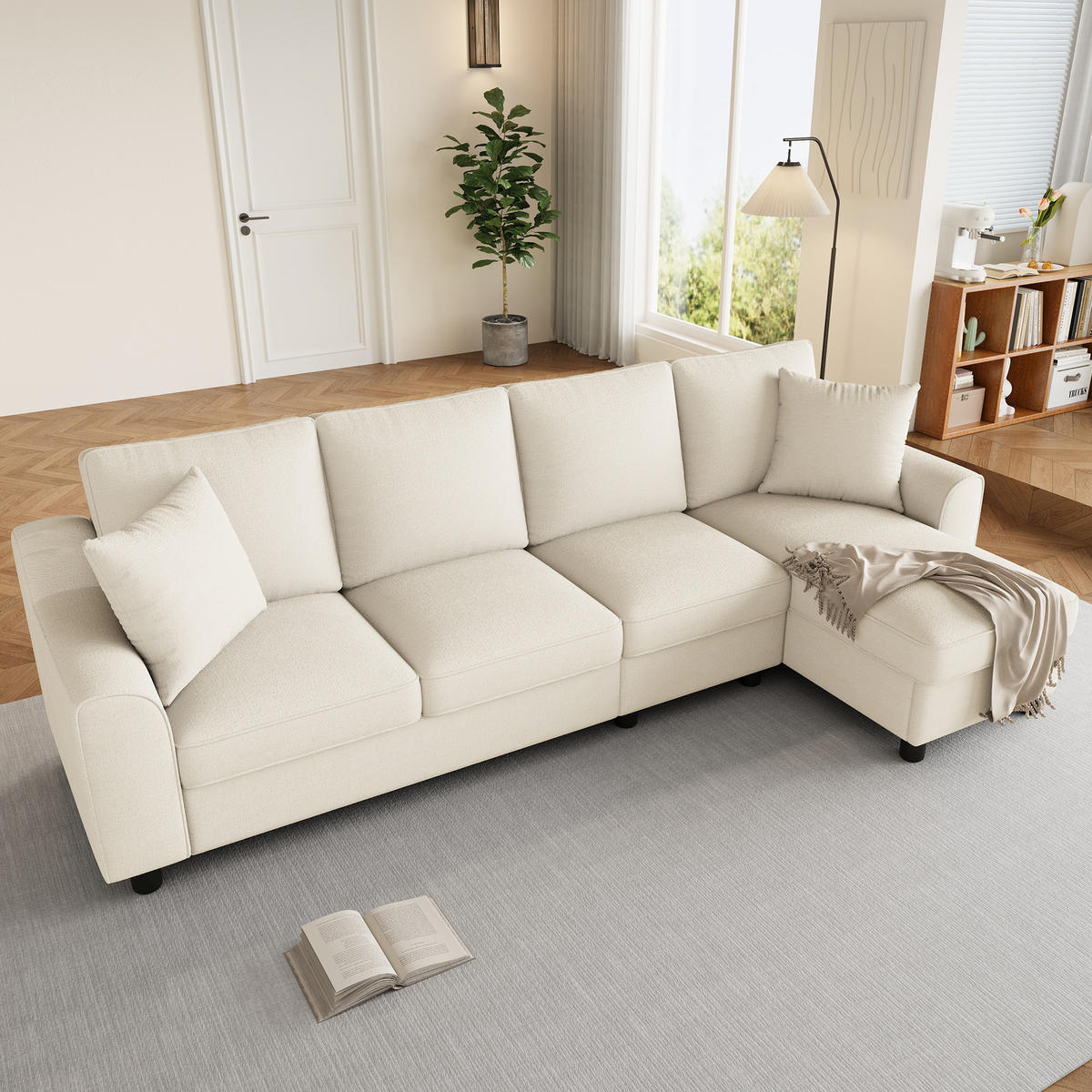 4-SITZER ECKSOFA Chenille Beige mit Stauraum und Getränkehaltern - Beige, Holzwerkstoff/Kunststoff (280/136cm) - WISHDOR