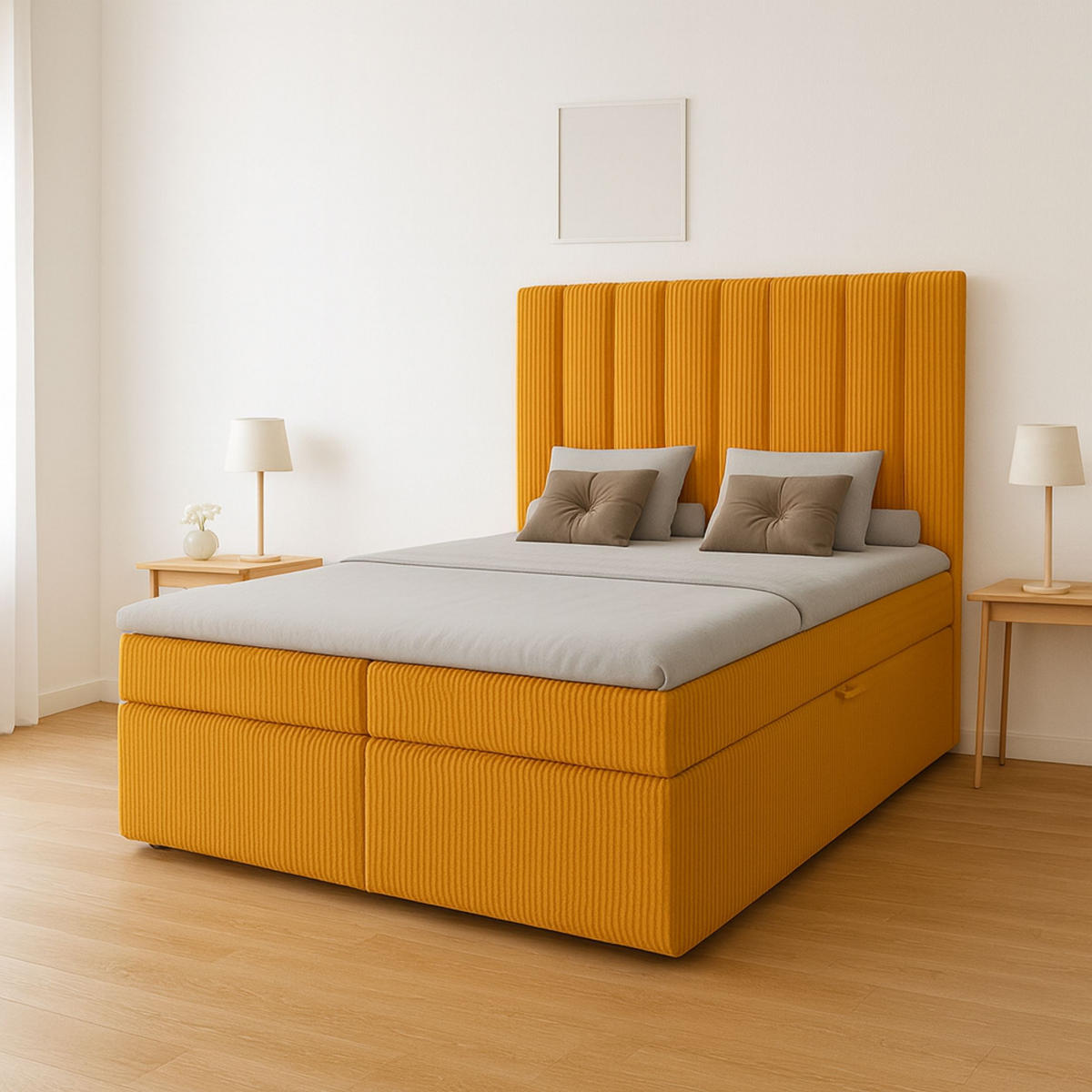 BOXBETT Nero mit 2 Bettkästen, 120x200, Farbe: Gelb, Cordstoff, Doppelbett mit Bonell-Matratze - Gelb, Holz/Kunststoff (120/200cm) - Marpur